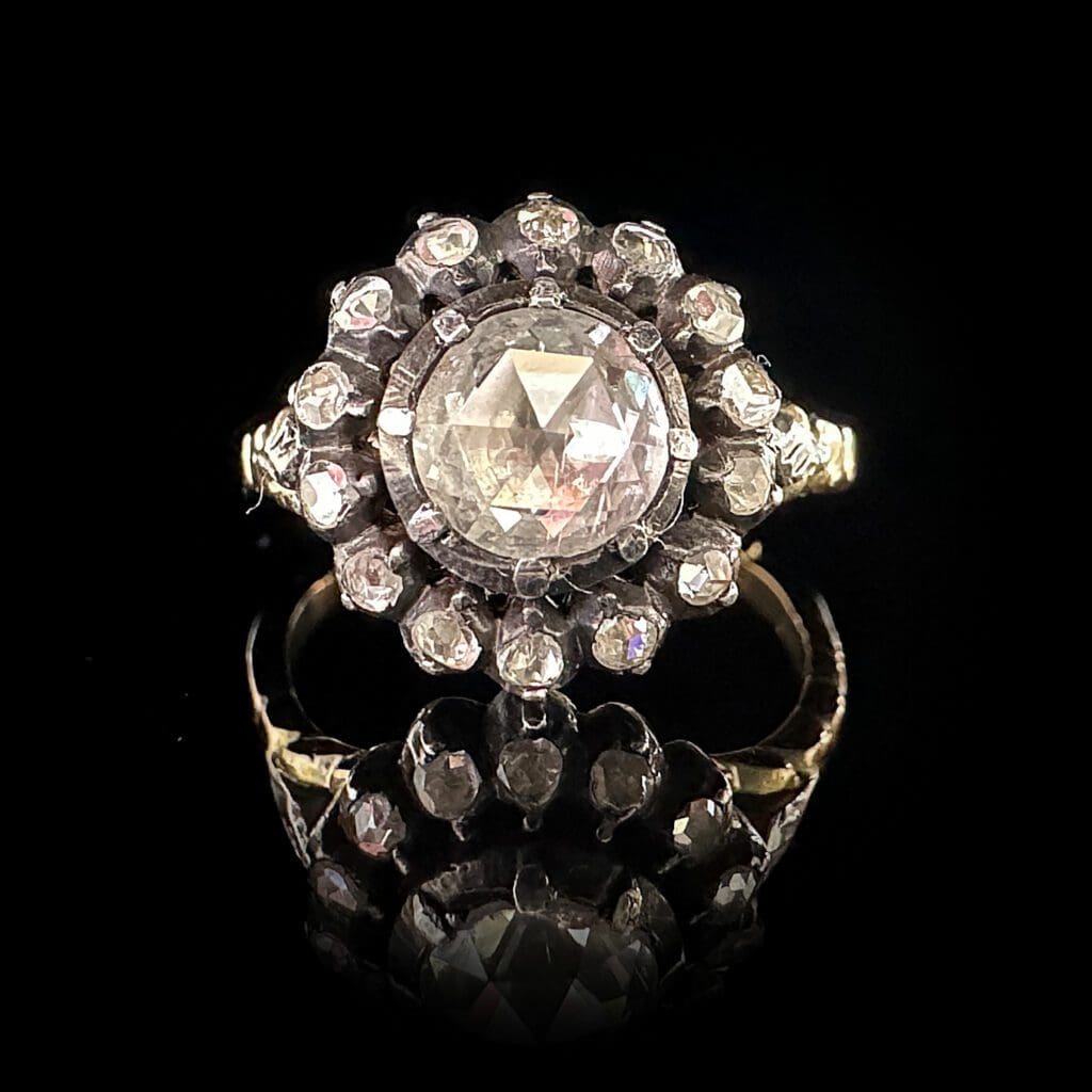 'Antique English Rose'-18K gold and silver large rose cut diamond ring