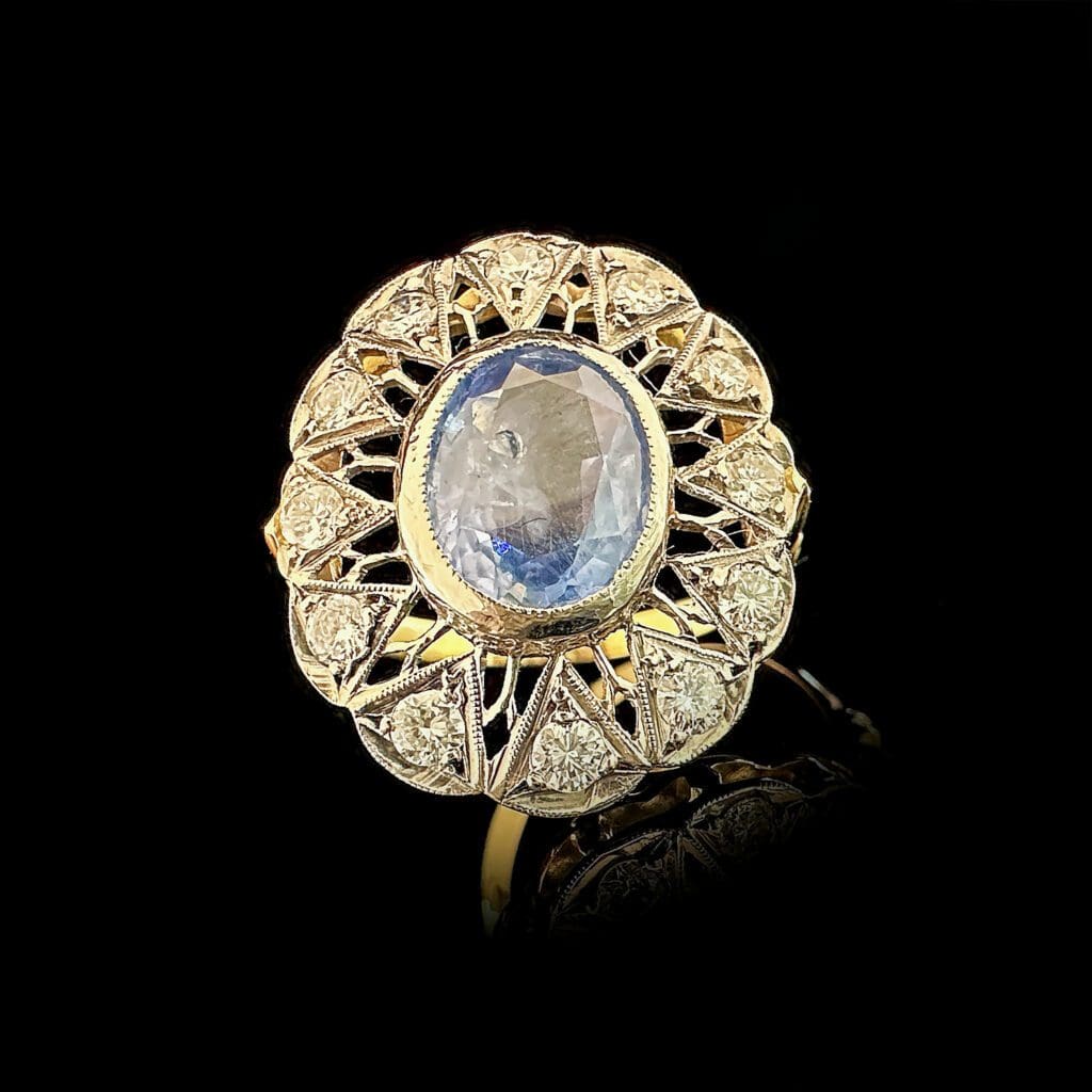 'Ingrid'-Antique oval sapphire diamonds gold and platinum ring