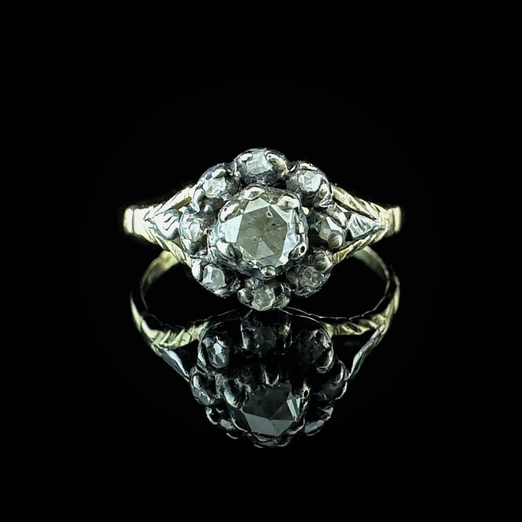 'Giselle'-Georgian gold and silver flower ring with 9 diamond roses - Image 2