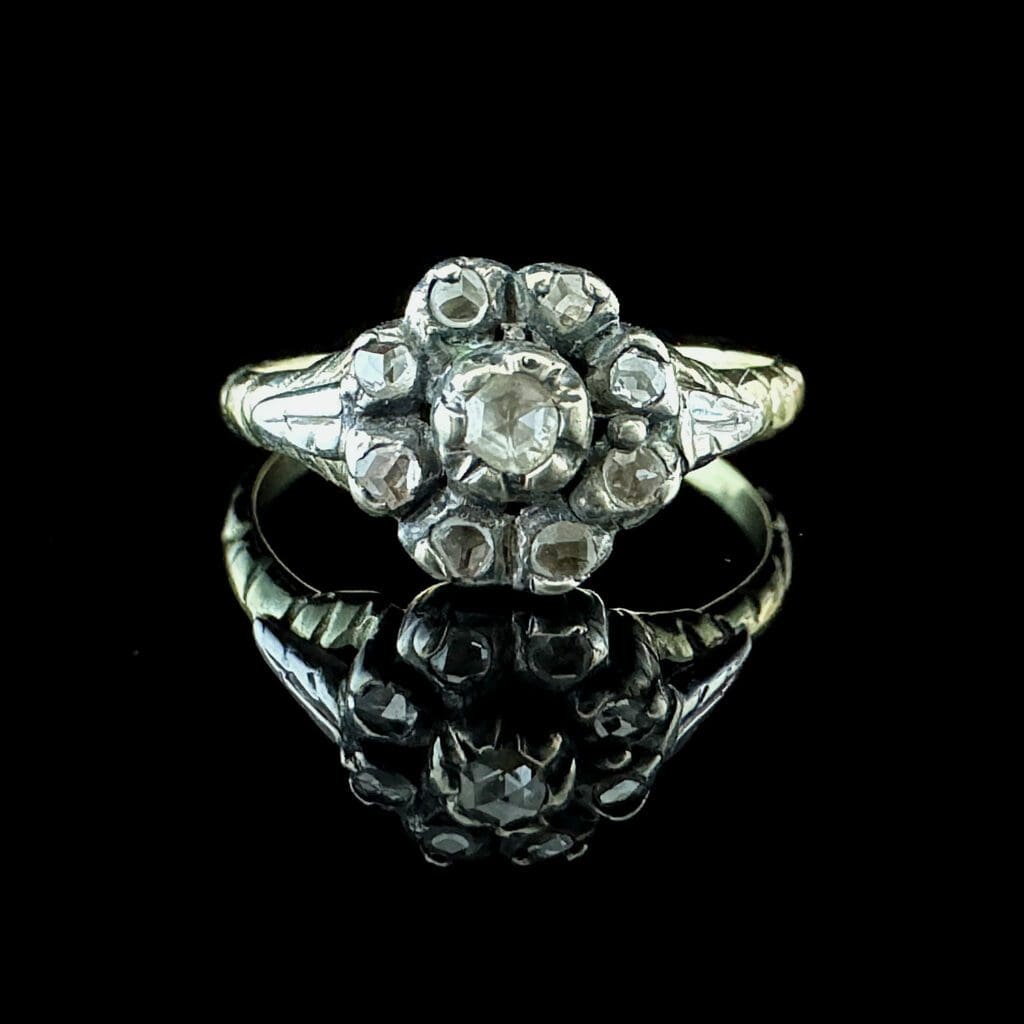 'Gertrude'-Antique Georgian gold and silver flower ring with 9 diamond roses