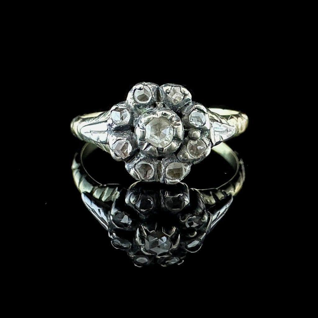 'Gertrude'-Antique Georgian gold and silver flower ring with 9 diamond roses - Image 7