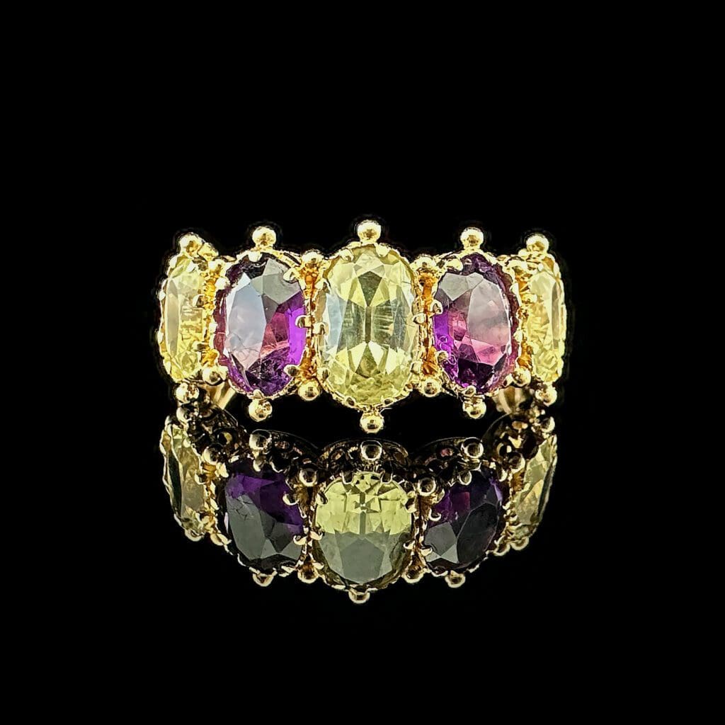 Fine Victorian chrysoberyl and amethyst five stone ring