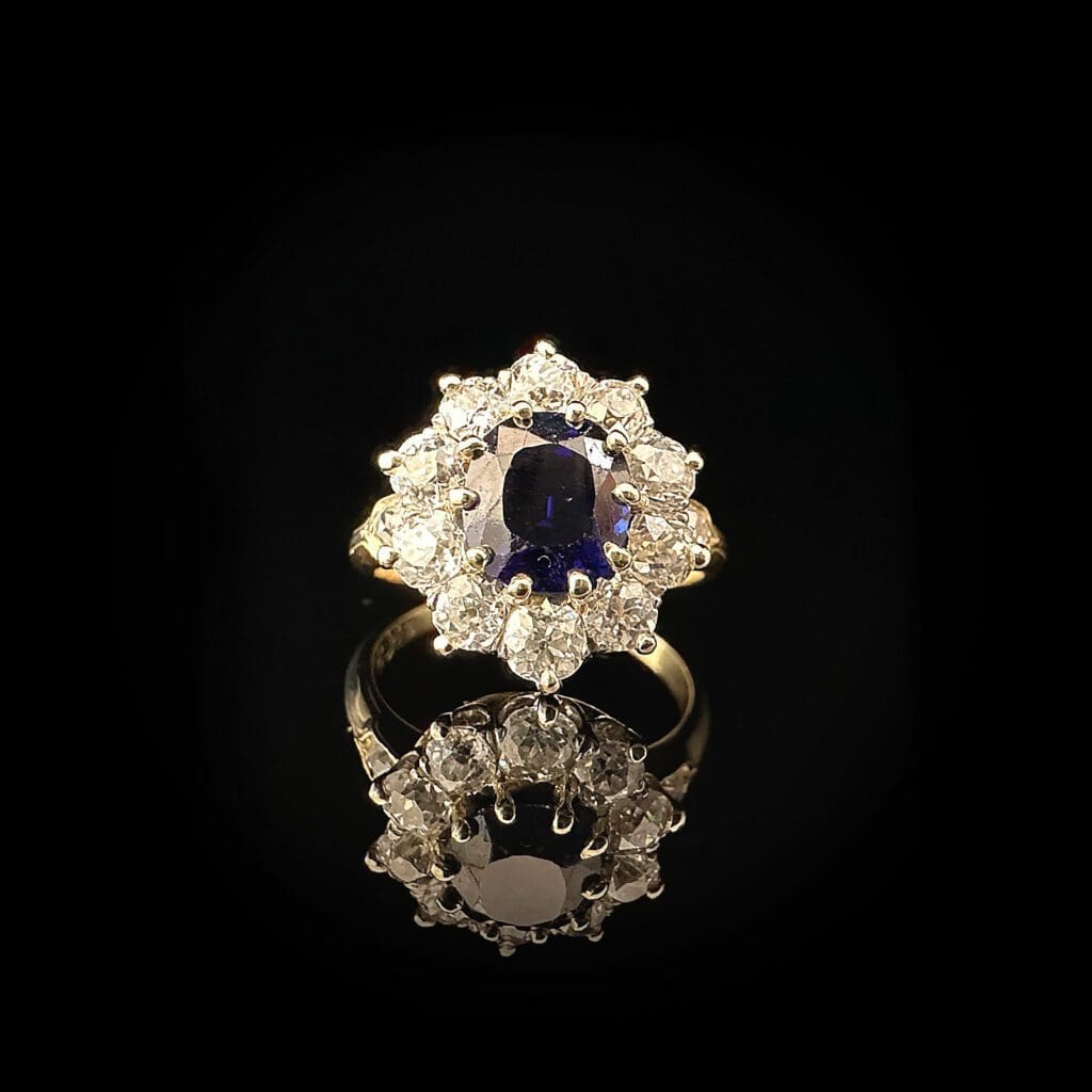 Antique Handmade blue sapphire & diamond cluster ring