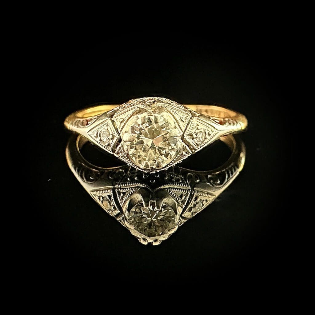 'Athena'-Gold and platinum diamond solitaire deco ring