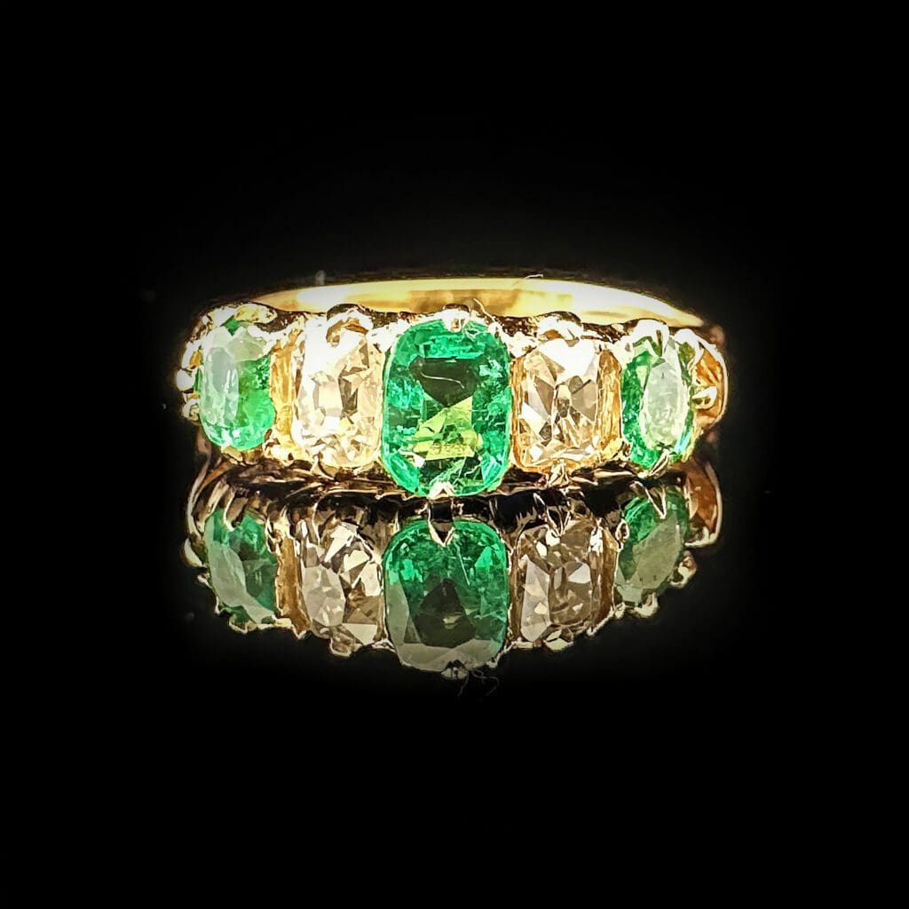 'Victoria'-Victorian three emeralds and two diamonds gold ring