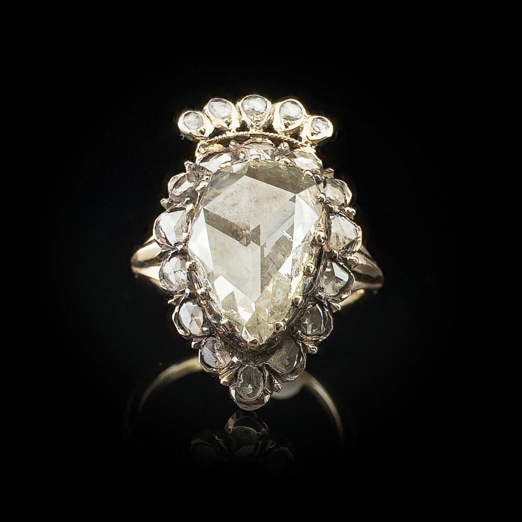 Rare and large antique teardrop diamond cluster ring