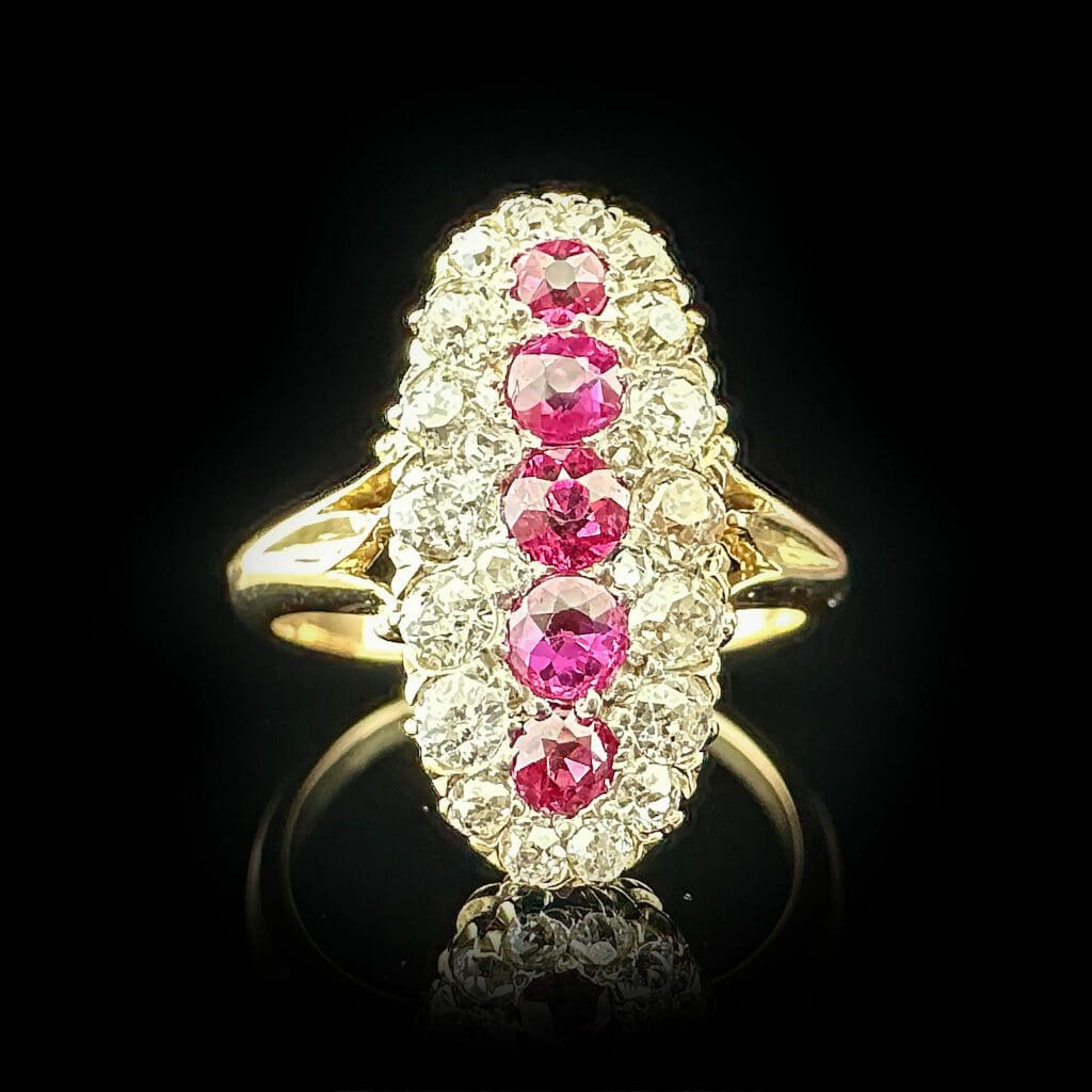 'Rubyline'-Antique five ruby and diamond oval cluster ring - Image 2