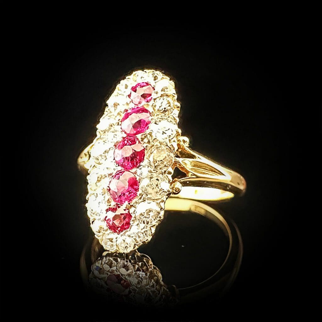 'Rubyline'-Antique five ruby and diamond oval cluster ring - Image 6