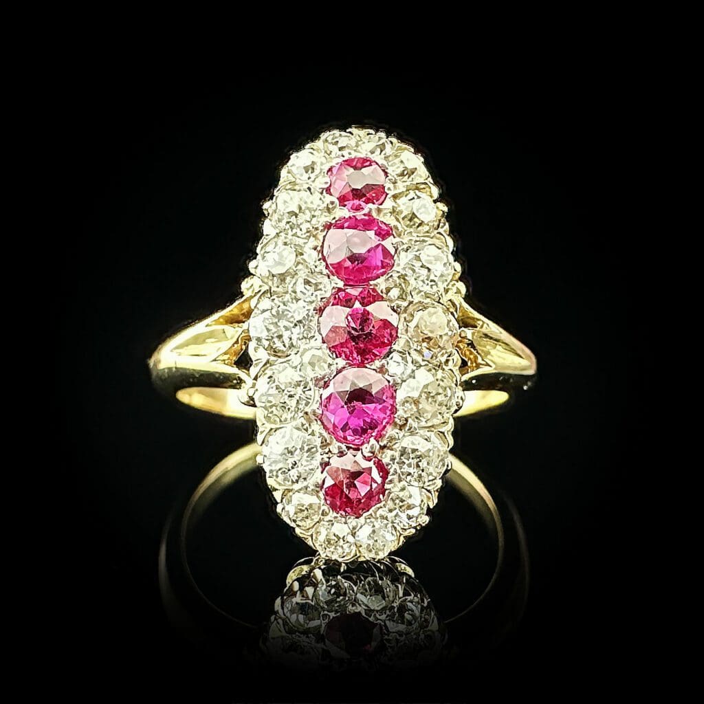 'Rubyline'-Antique five ruby and diamond oval cluster ring - Image 7