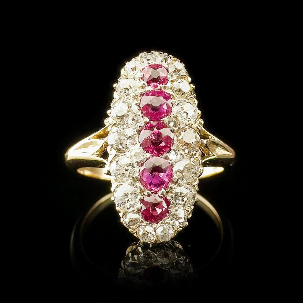 'Rubyline'-Antique five ruby and diamond oval cluster ring