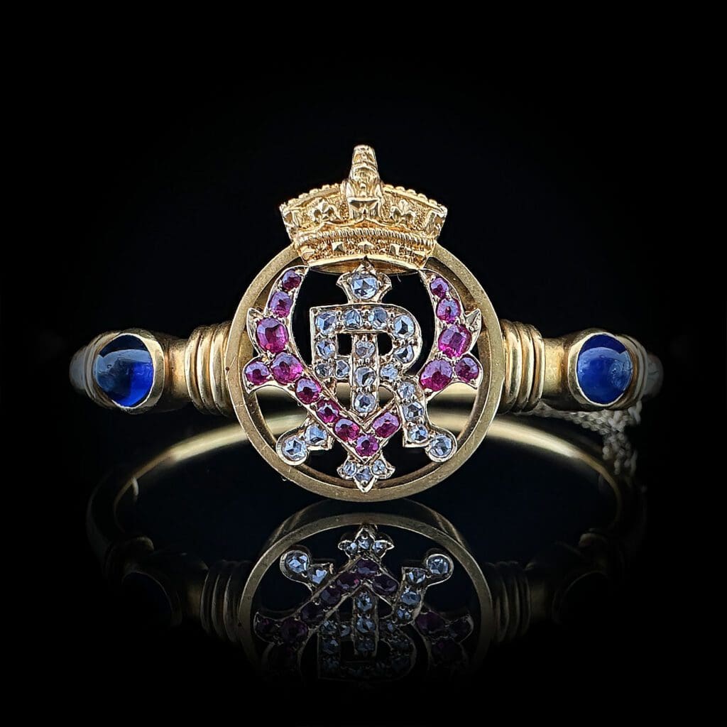 'Regalia'-Antique English gold bracelet with diamonds sapphires and rubies - Image 9