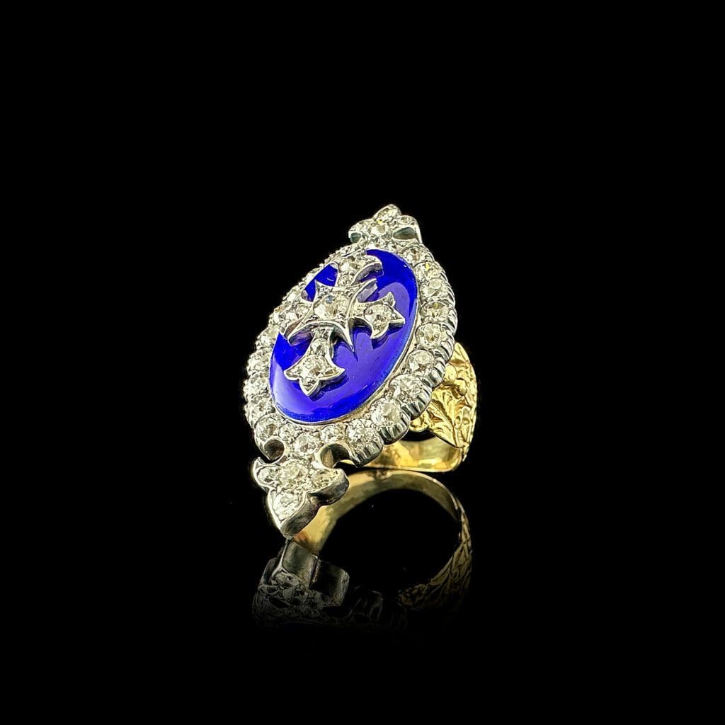 Fine antique diamond and enamel marquise fleur de lys ring - Image 7
