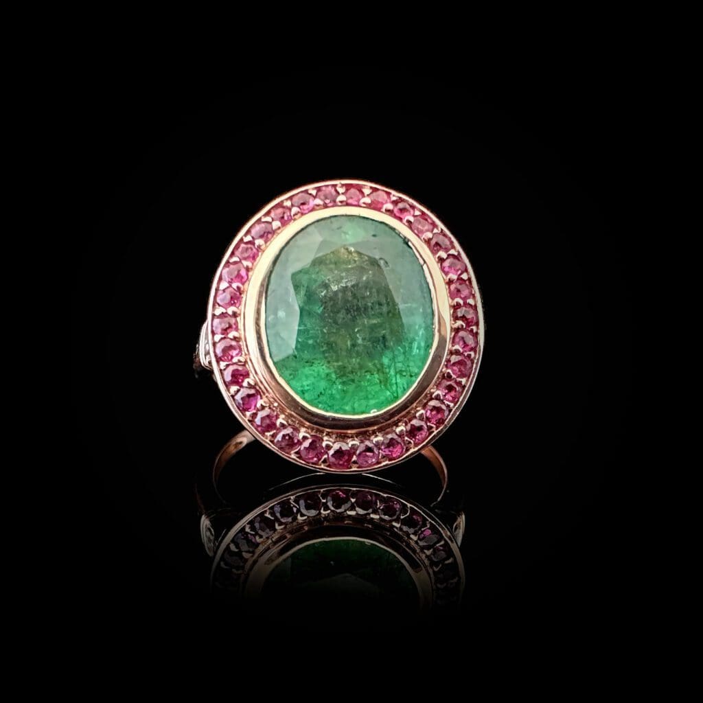 'Irena'-Emerald ruby diamond rose gold ring - Image 2