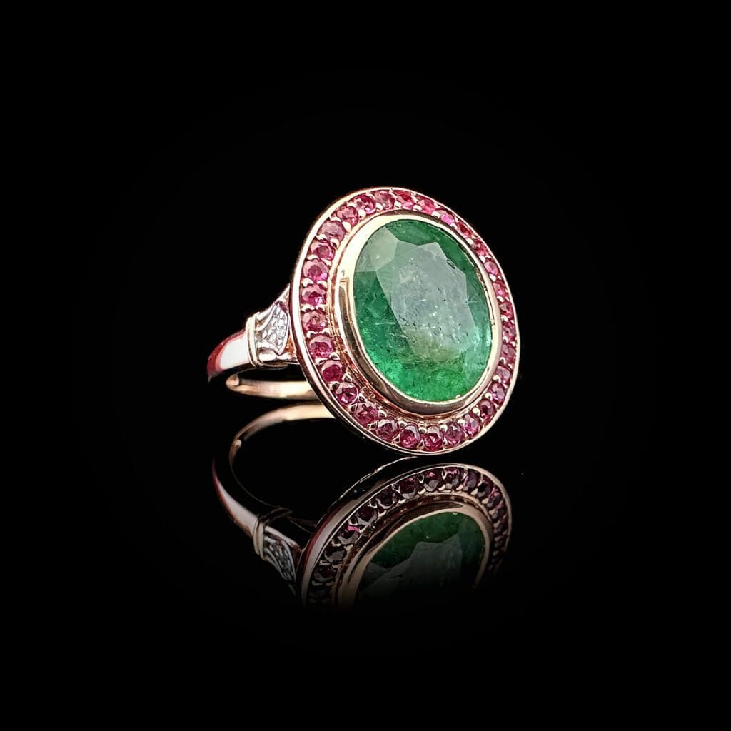 'Irena'-Emerald ruby diamond rose gold ring - Image 3