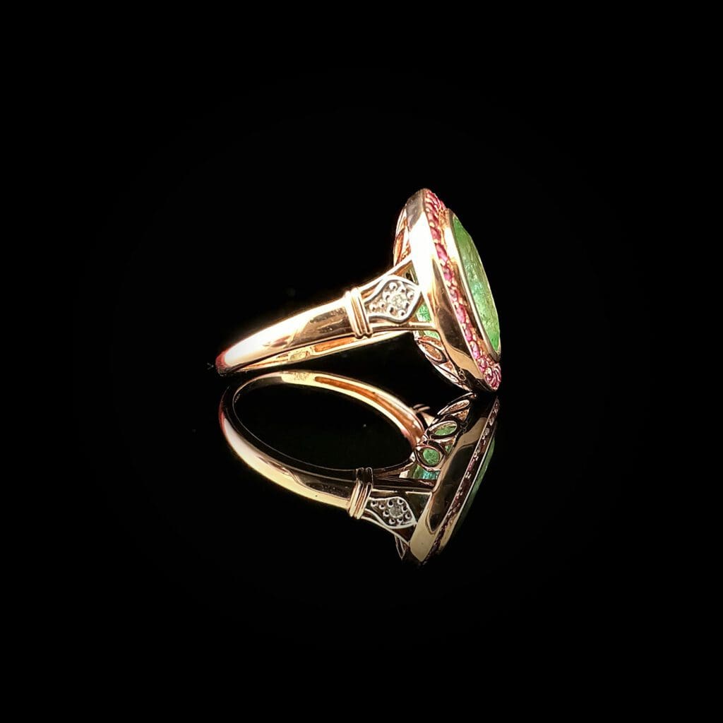 'Irena'-Emerald ruby diamond rose gold ring - Image 4