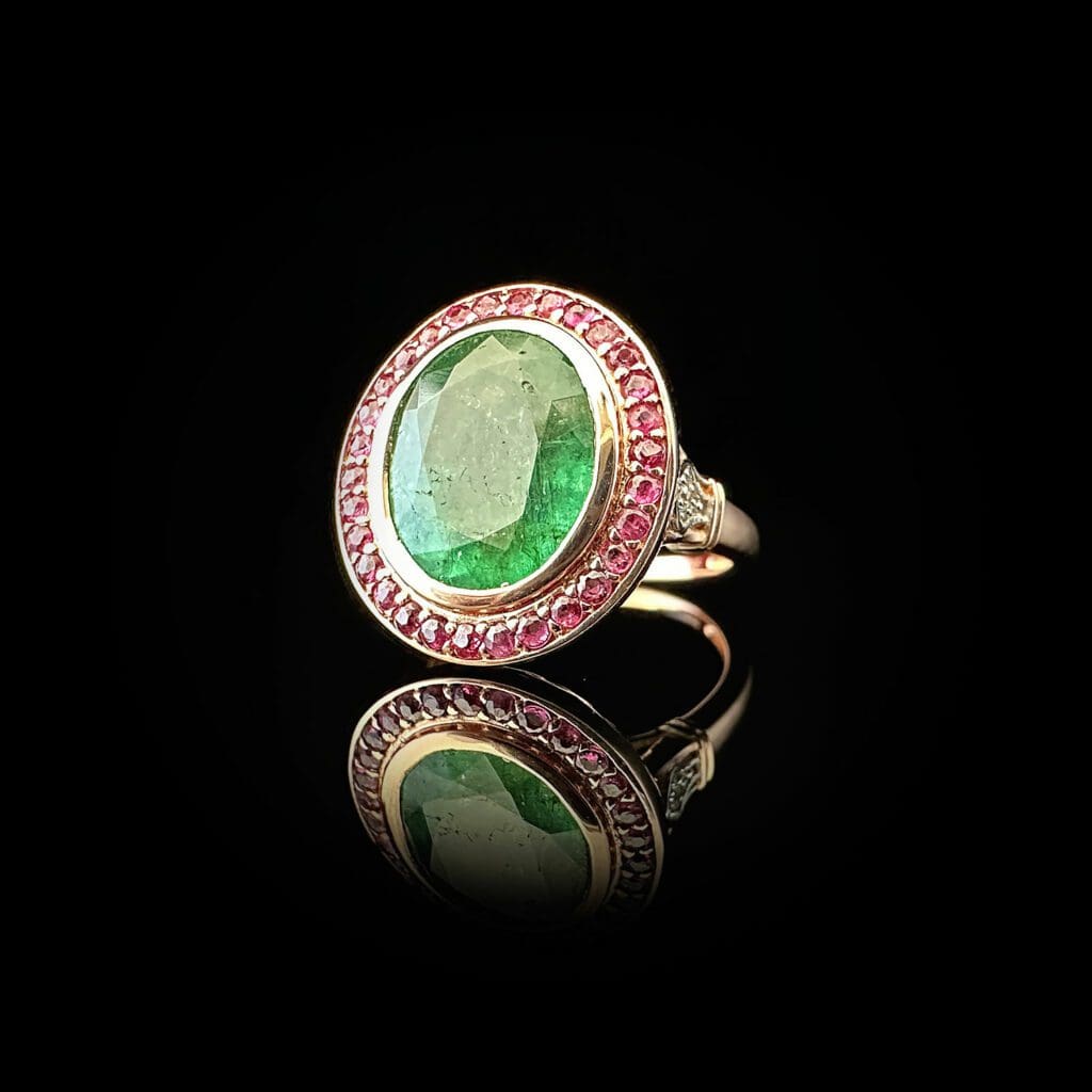 'Irena'-Emerald ruby diamond rose gold ring - Image 7