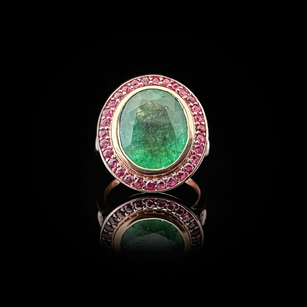 'Irena'-Emerald ruby diamond rose gold ring