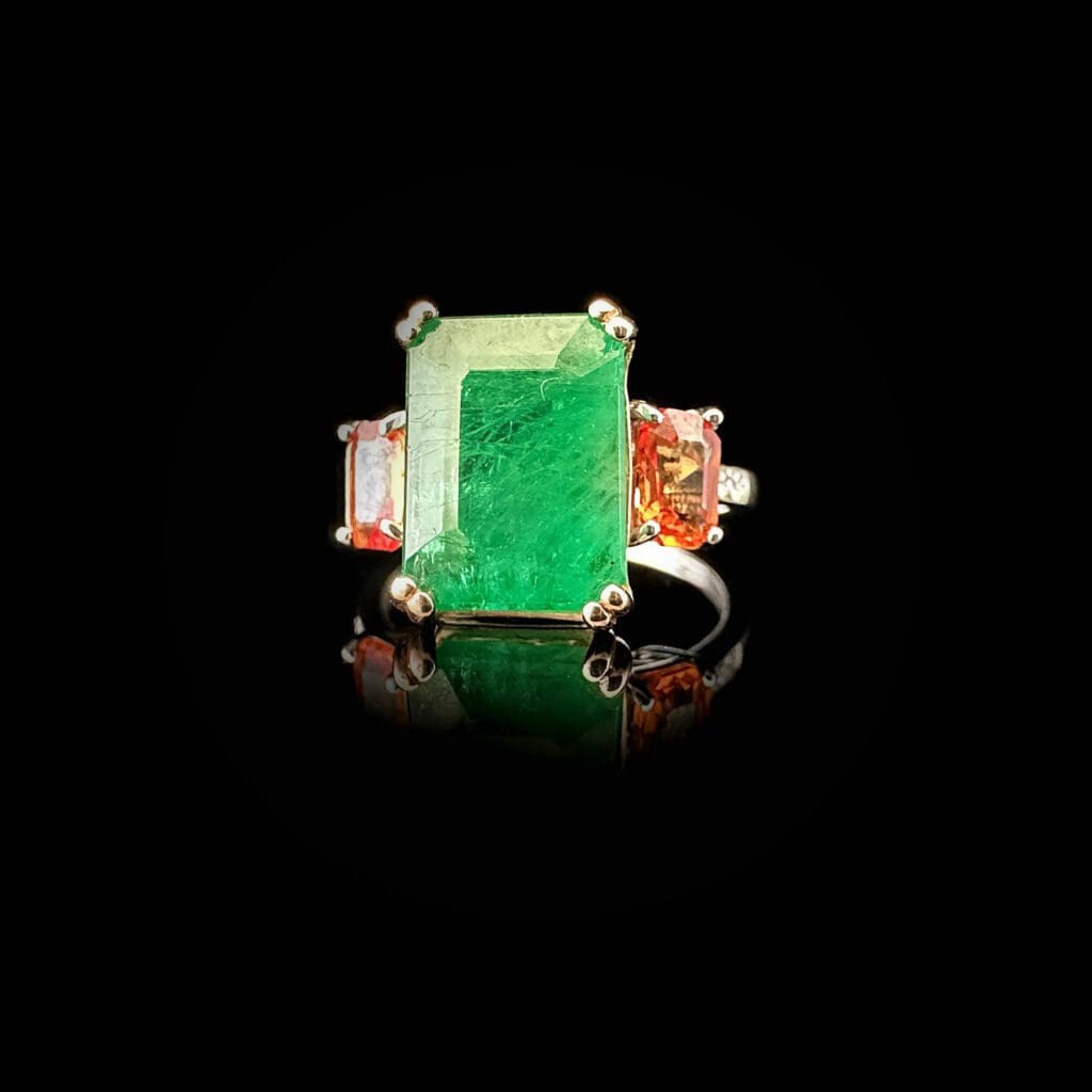 'Amanda'-Emerald orange sapphire diamond two-tone gold ring