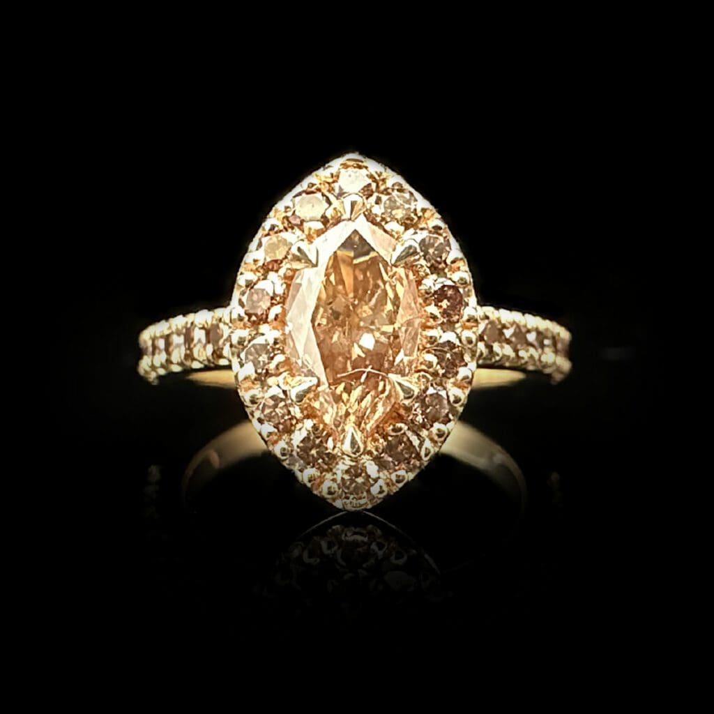 'Isadora'-Marquise cognac diamond halo ring