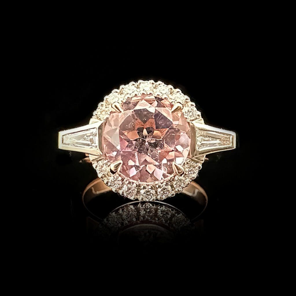 'Aurelia'-Pink amethyst and baguette diamonds halo ring