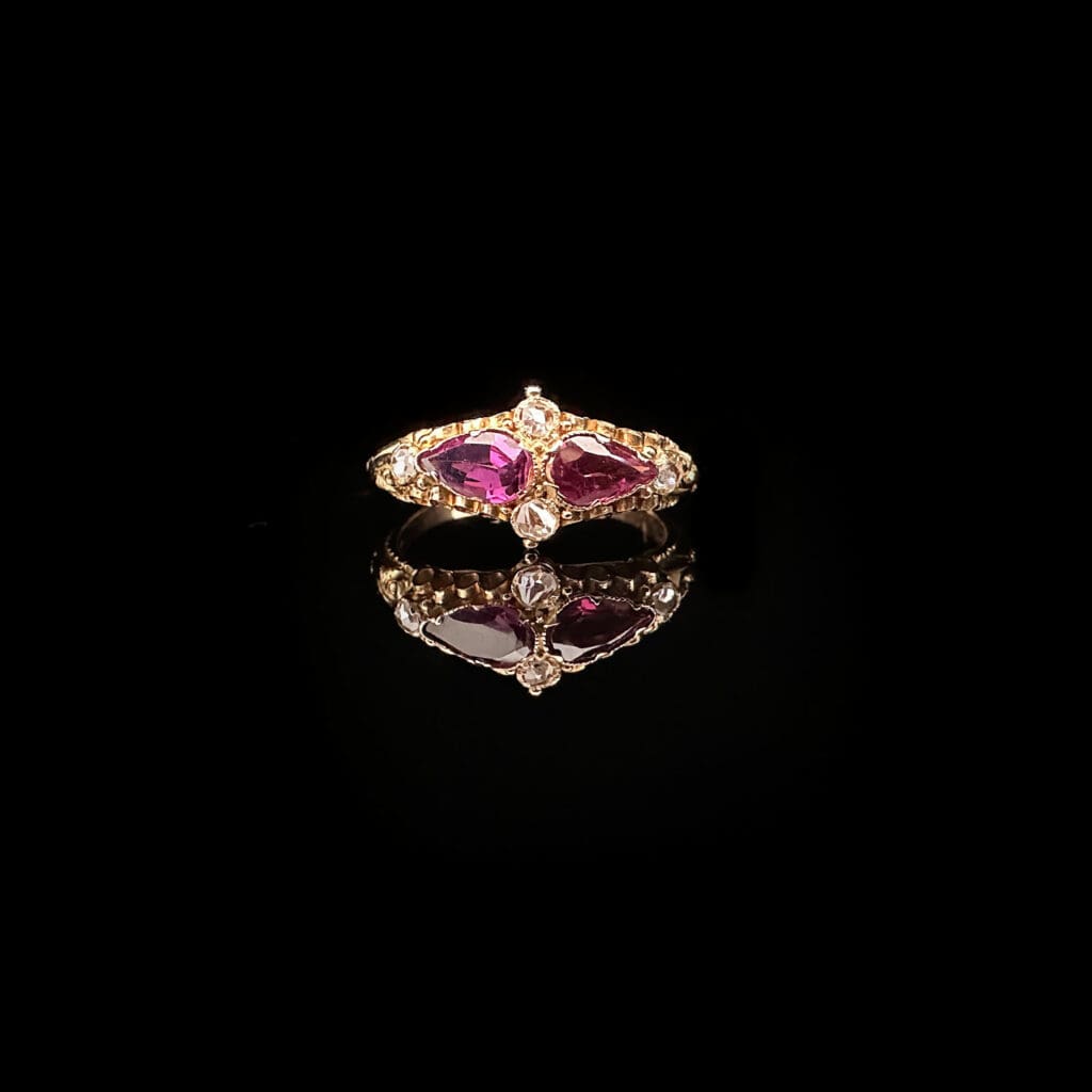 'Indira'-Antique twin teardrop garnets and diamond ring - Image 2