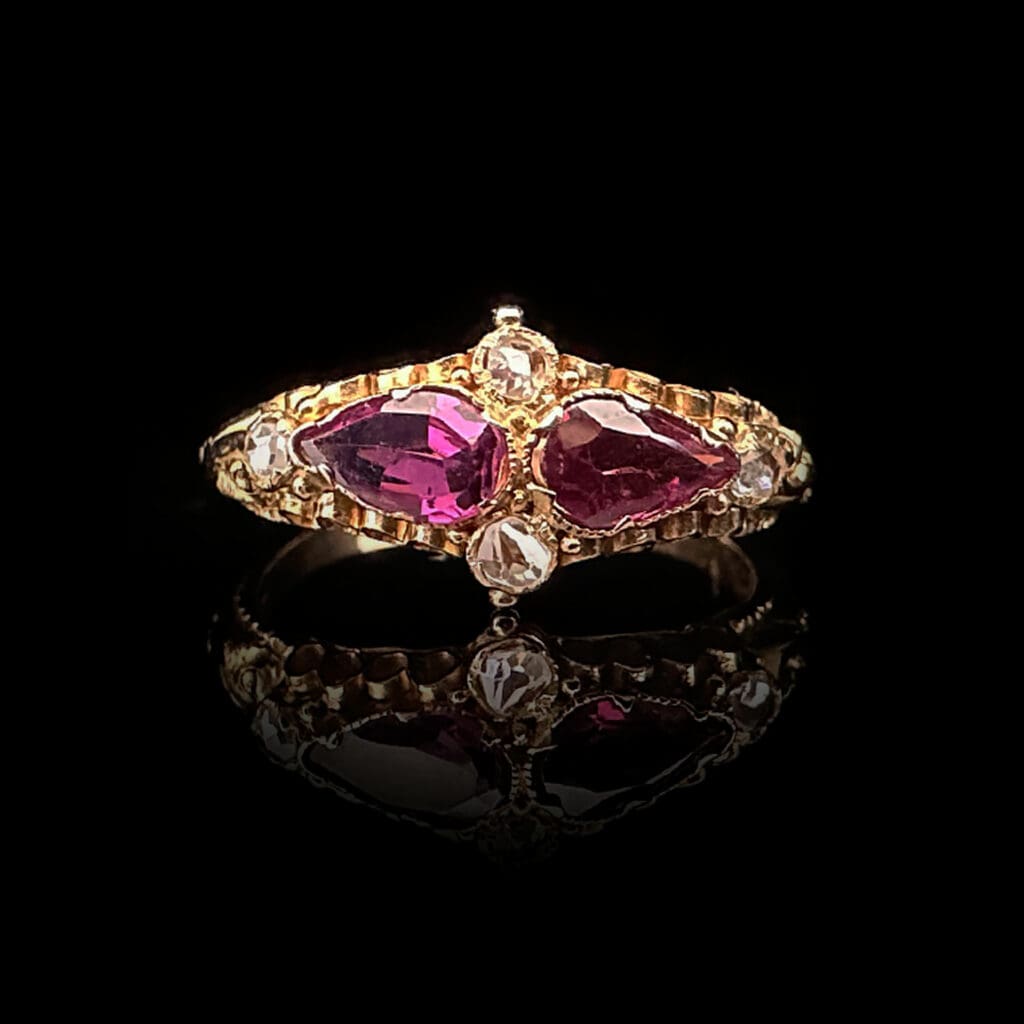 'Indira'-Antique twin teardrop garnets and diamond ring