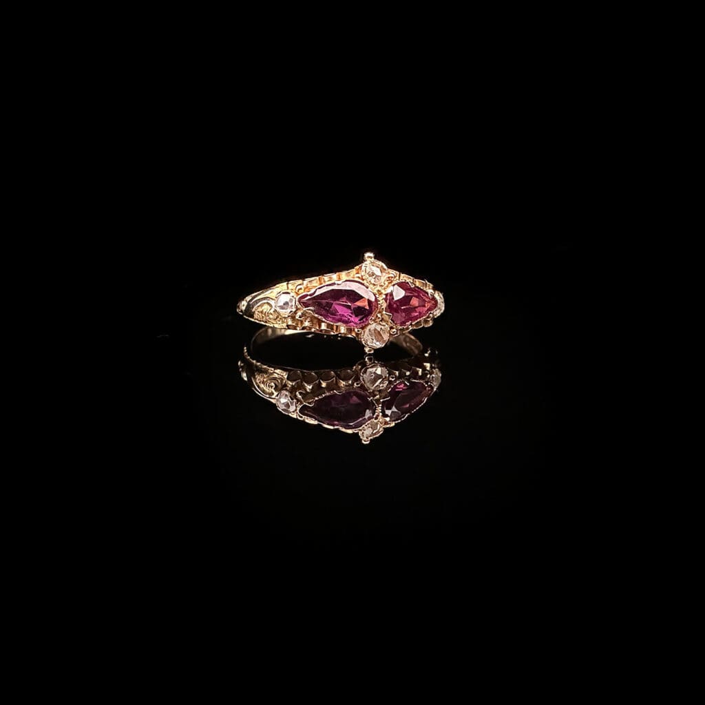 'Indira'-Antique twin teardrop garnets and diamond ring - Image 3