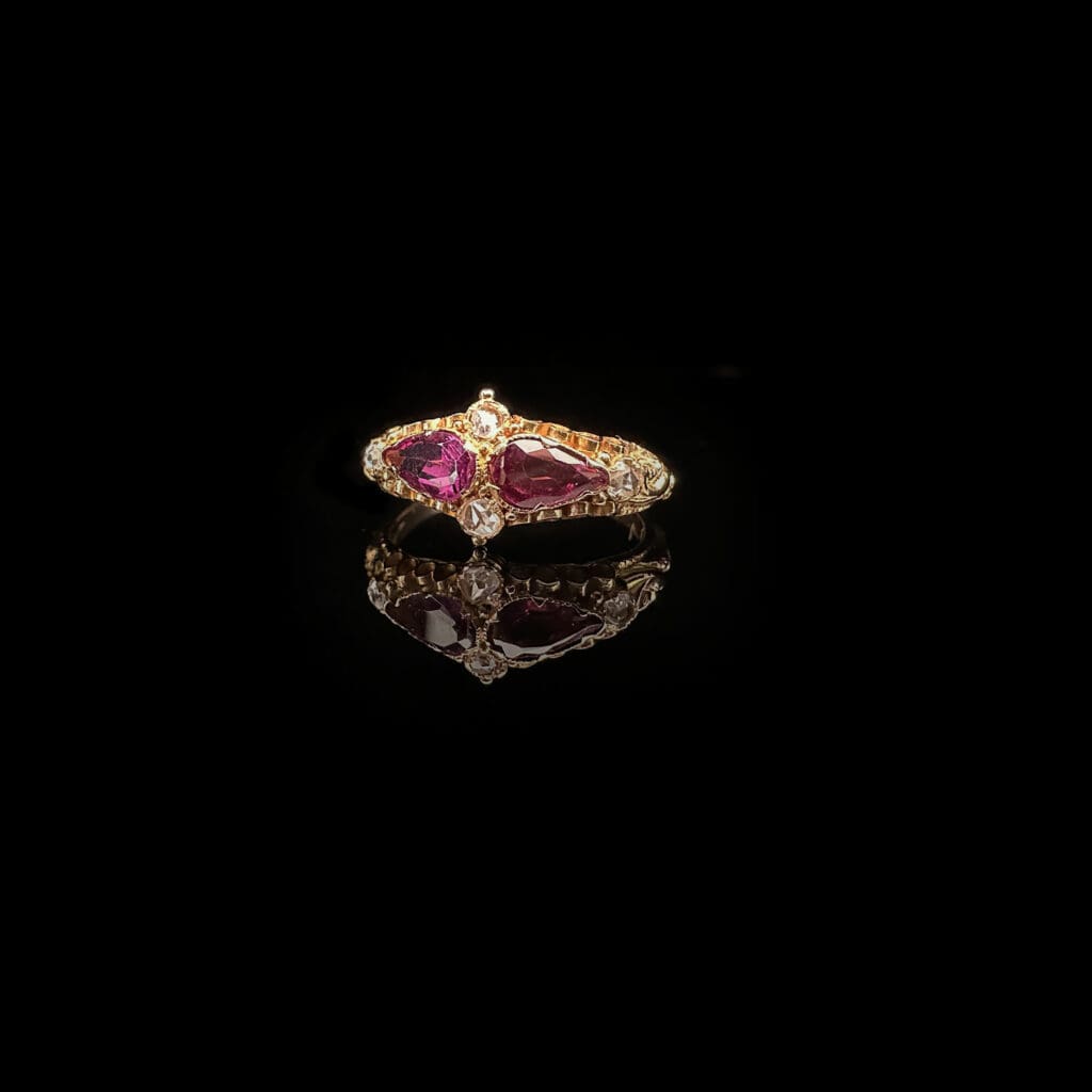 'Indira'-Antique twin teardrop garnets and diamond ring - Image 7