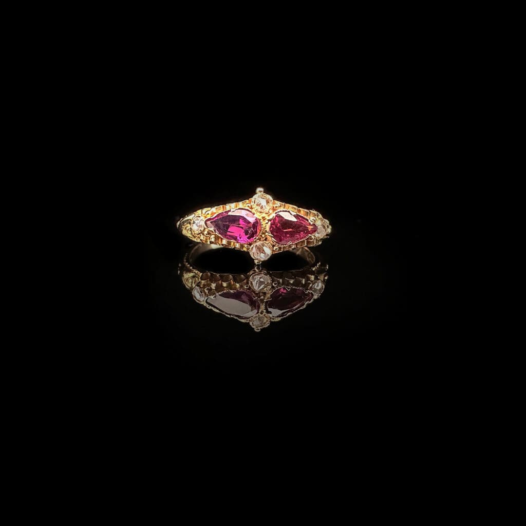 'Indira'-Antique twin teardrop garnets and diamond ring - Image 8