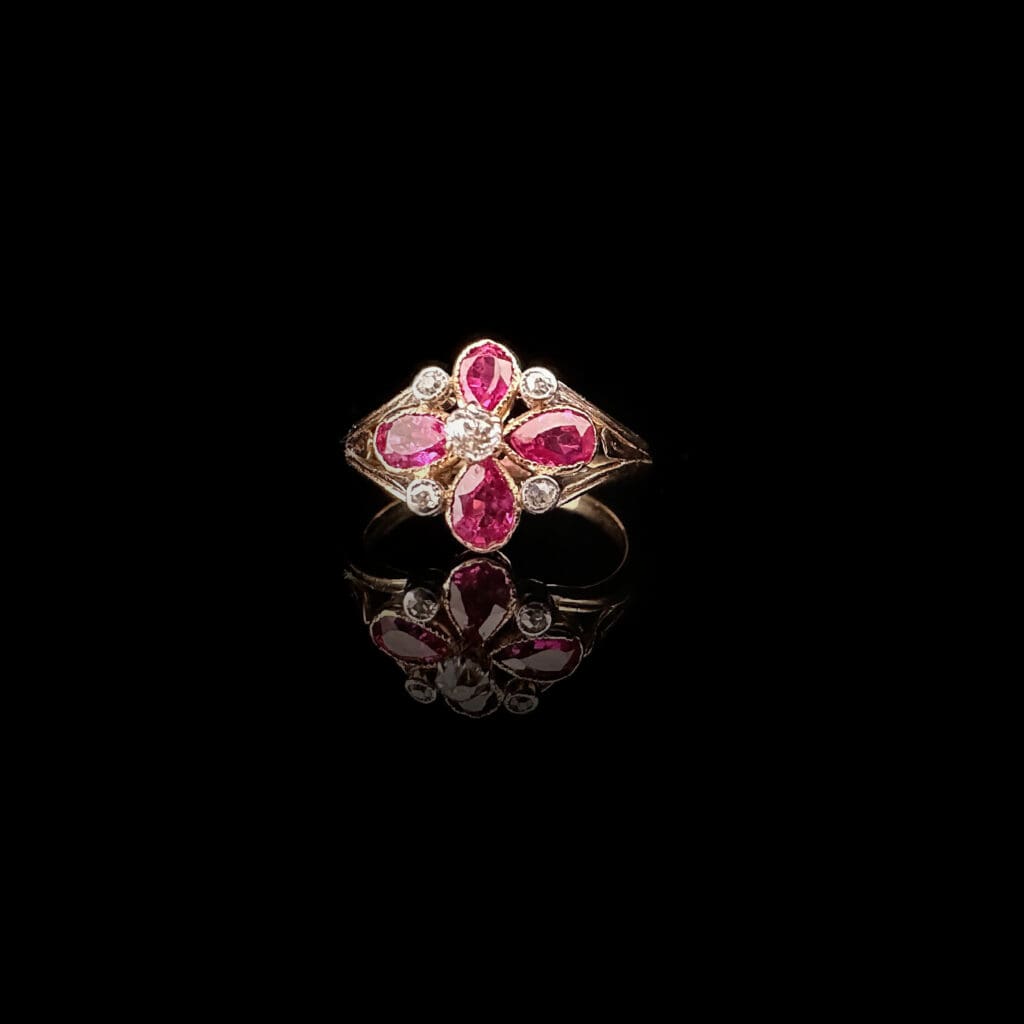 'Evangeline'-Edwardian 4 ruby 5 diamond flower cluster ring - Image 2