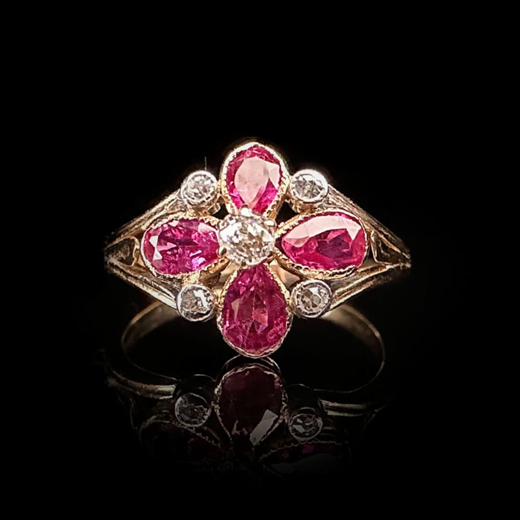 'Evangeline'-Edwardian 4 ruby 5 diamond flower cluster ring