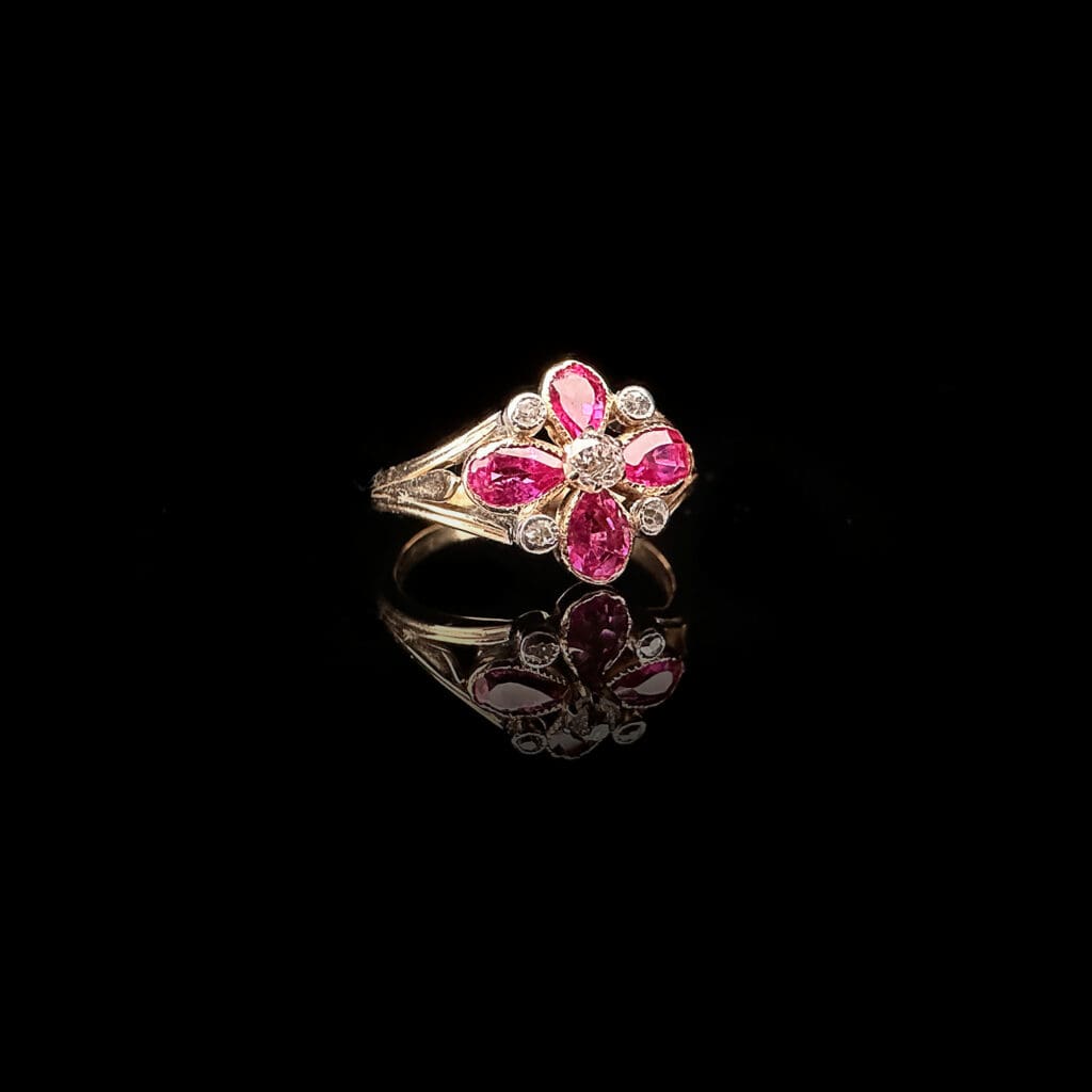 'Evangeline'-Edwardian 4 ruby 5 diamond flower cluster ring - Image 3