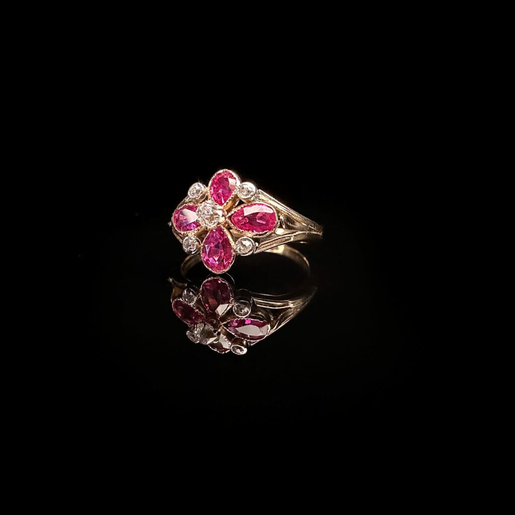 'Evangeline'-Edwardian 4 ruby 5 diamond flower cluster ring - Image 7