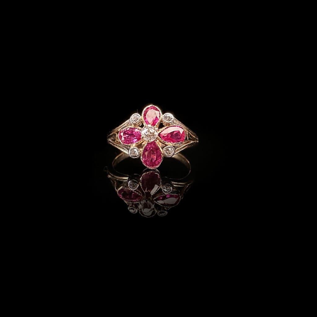 'Evangeline'-Edwardian 4 ruby 5 diamond flower cluster ring - Image 8