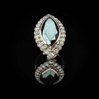 ‘Marchesa’-Black marquise diamond white diamond and rose gold ring